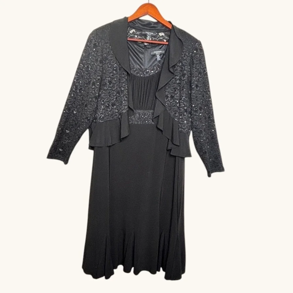 RM Richards Black Sequin Lace 2Pc Dress Jacket Sz18W Evening Formal Elegant Glam